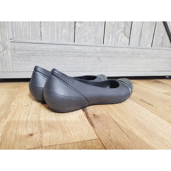 Crocs Cap Toe Ballet Flats Size 10 Womens Solid Black Slip On Shoes Waterproof - Picture 4 of 6